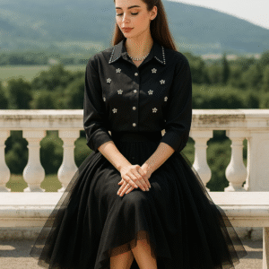 Black premium party shirt with crystal detailing – stylish women’s evening outfit