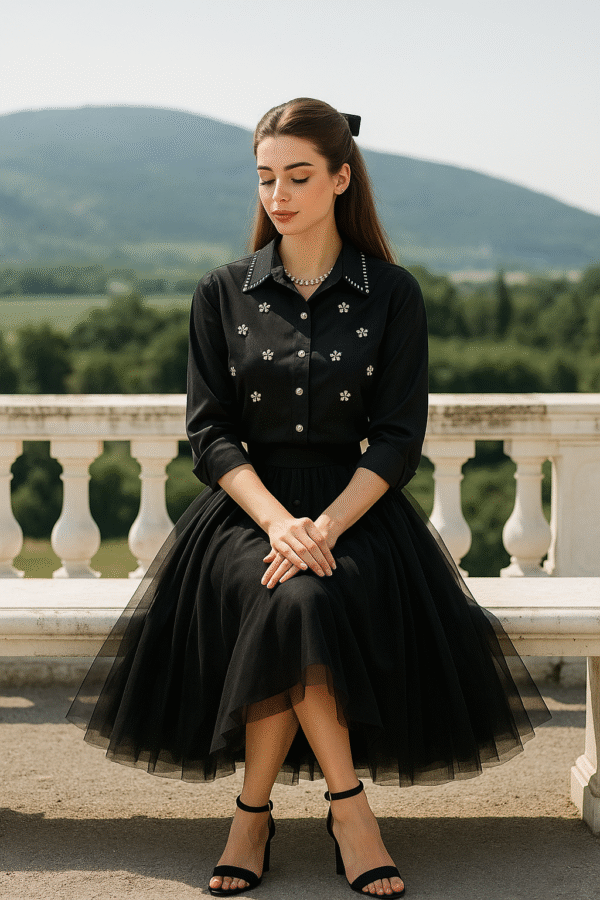 Black premium party shirt with crystal detailing – stylish women’s evening outfit