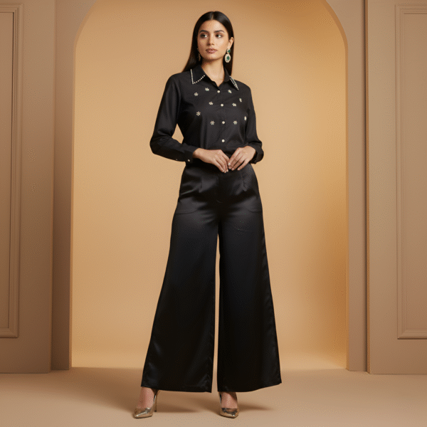 Black premium party shirt with crystal detailing – stylish women’s evening outfit
