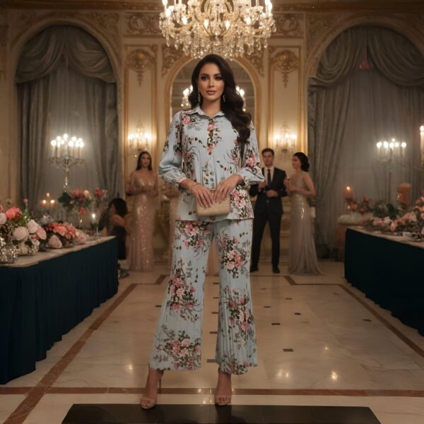 Powder blue floral co-ord dress with button-down top and wide-leg pants