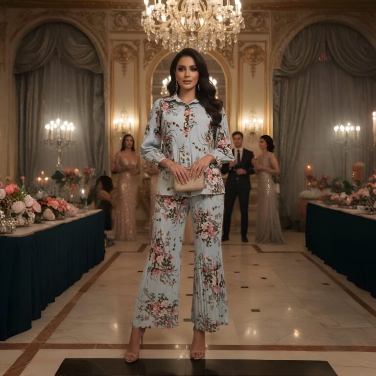 Powder blue floral co-ord dress with button-down top and wide-leg pants