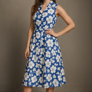 Elegant blue floral A-line midi dress for women – sleeveless classic design
