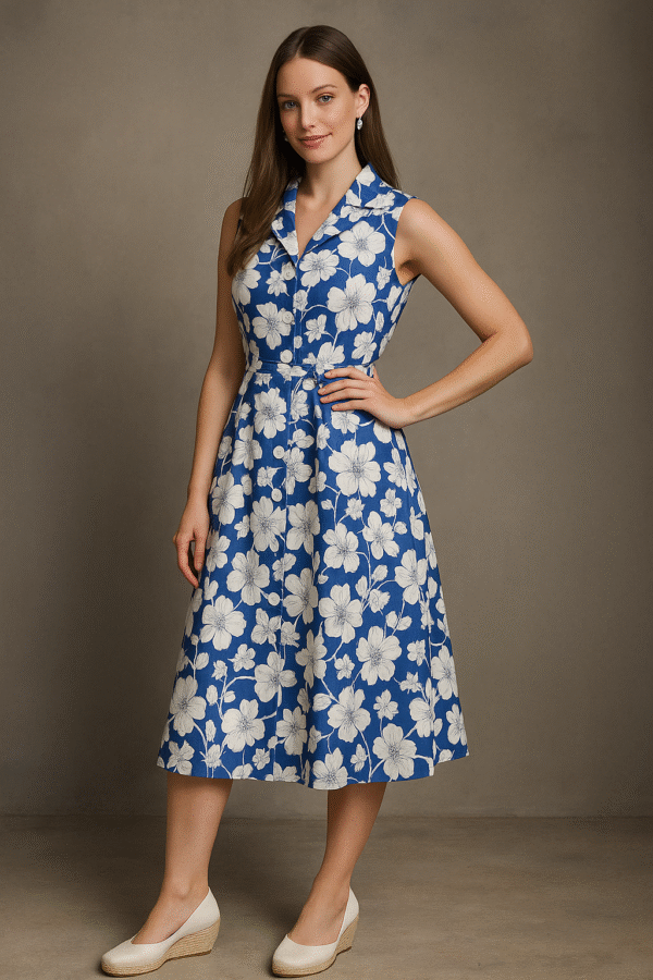Elegant blue floral A-line midi dress for women – sleeveless classic design