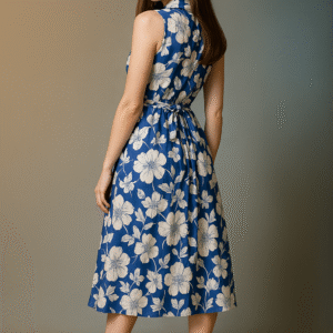 Elegant blue floral A-line midi dress for women – sleeveless classic design