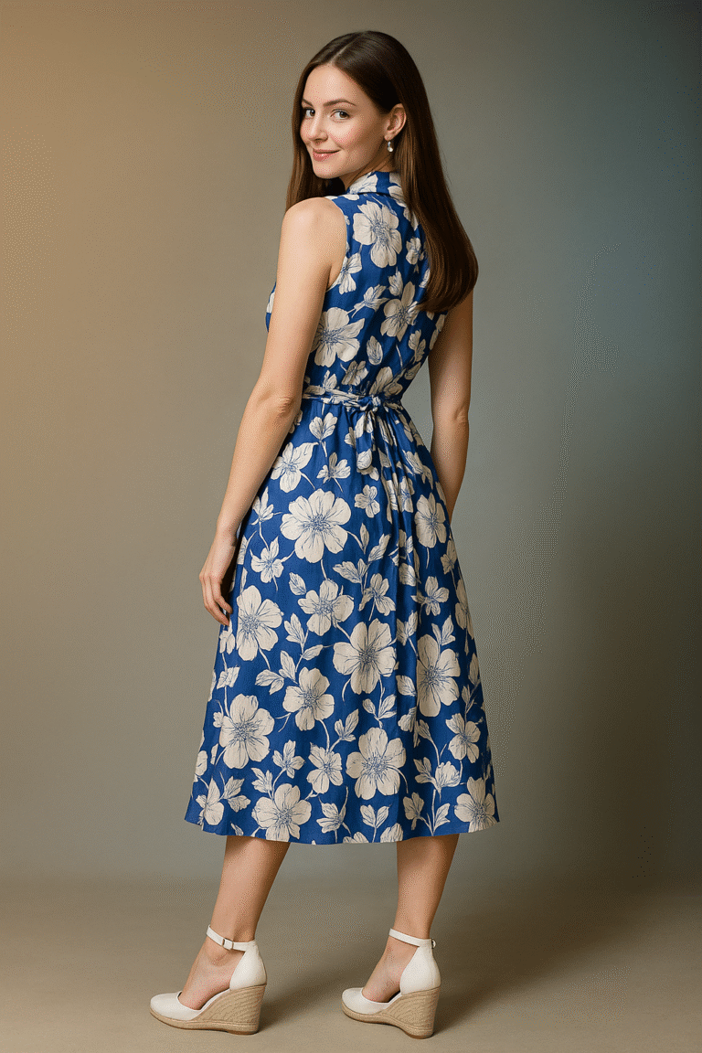 Elegant blue floral A-line midi dress for women – sleeveless classic design