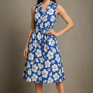 Elegant blue floral A-line midi dress for women – sleeveless classic design