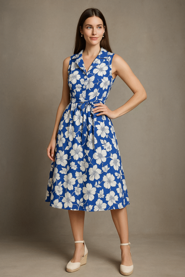 Elegant blue floral A-line midi dress for women – sleeveless classic design