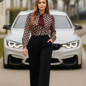 Stylish women’s workwear shirt in black geometric design – perfect for formal occasions