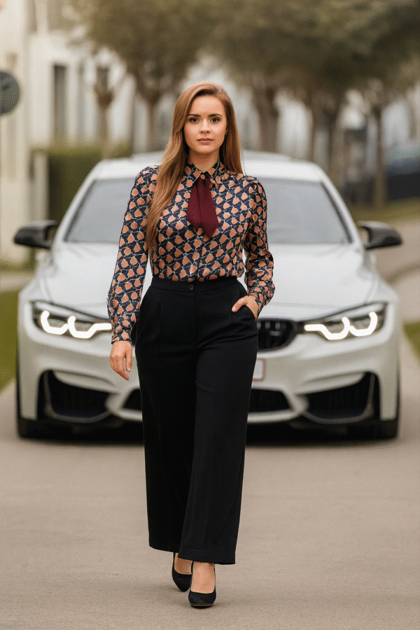 Stylish women’s workwear shirt in black geometric design – perfect for formal occasions