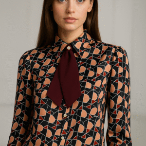 Stylish women’s workwear shirt in black geometric design – perfect for formal occasions