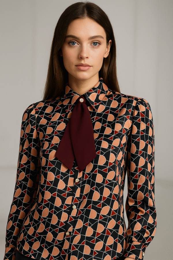Stylish women’s workwear shirt in black geometric design – perfect for formal occasions