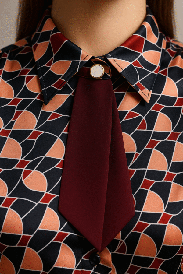 Close-up of geometric print shirt with maroon bow tie – premium imported fabric