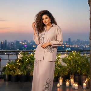 Elegant floral co-ord set dress with maxi skirt and shirt – royal inspired
