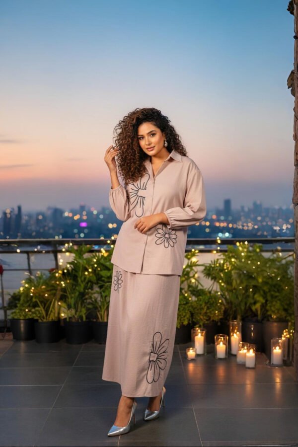 Elegant floral co-ord set dress with maxi skirt and shirt – royal inspired