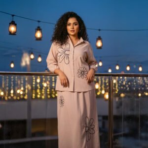 Elegant floral co-ord set dress with maxi skirt and shirt – royal inspired