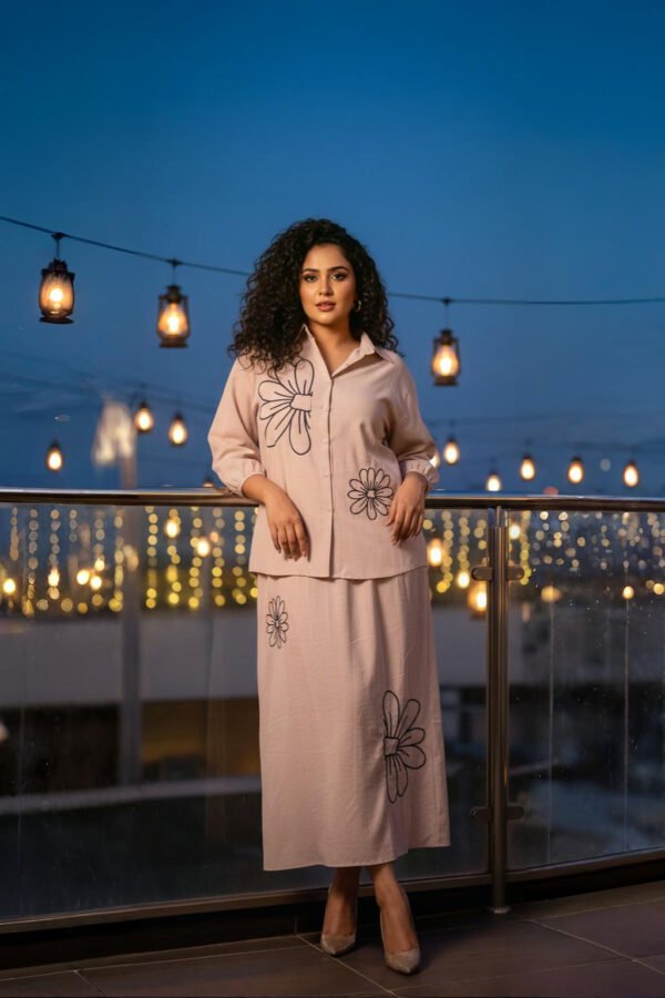 Elegant floral co-ord set dress with maxi skirt and shirt – royal inspired