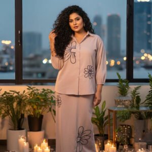 Elegant floral co-ord set dress with maxi skirt and shirt – royal inspired