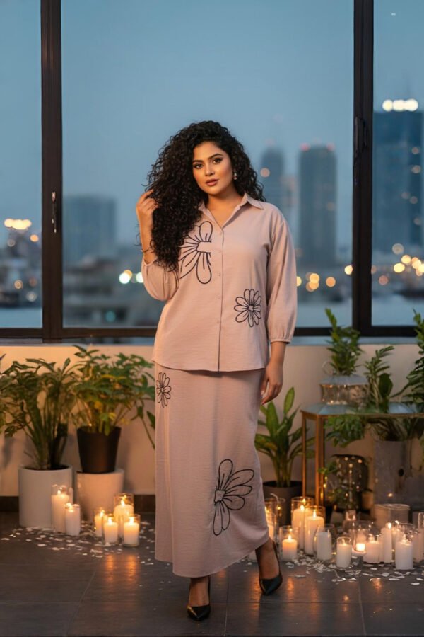 Elegant floral co-ord set dress with maxi skirt and shirt – royal inspired