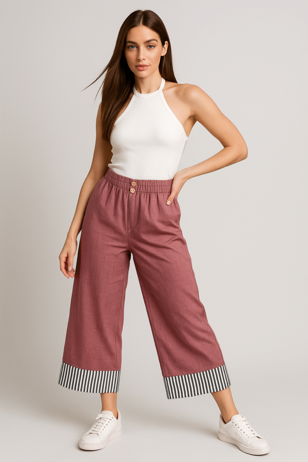 Mauve Palazzo Pants - Striped Hem – Chic Statement Bottom for Women