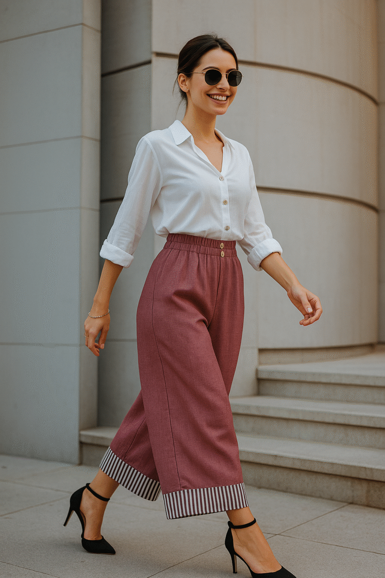 Mauve Palazzo Pants - Striped Hem – Chic Statement Bottom for Women