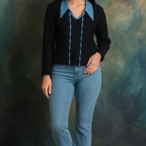 Elegant black and blue collar top styled for modern casual chic
