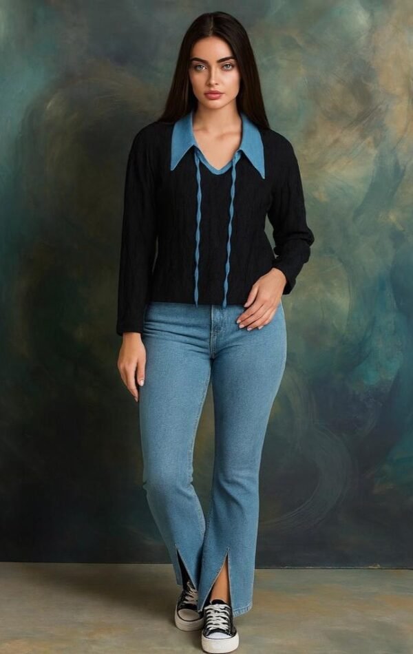 Elegant black and blue collar top styled for modern casual chic