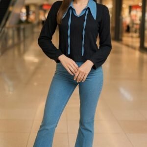 Elegant black and blue collar top styled for modern casual chic