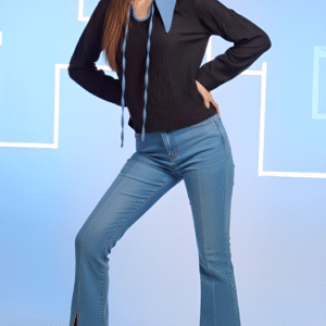 Elegant black and blue collar top styled for modern casual chic
