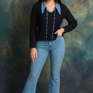 Elegant black and blue collar top styled for modern casual chic