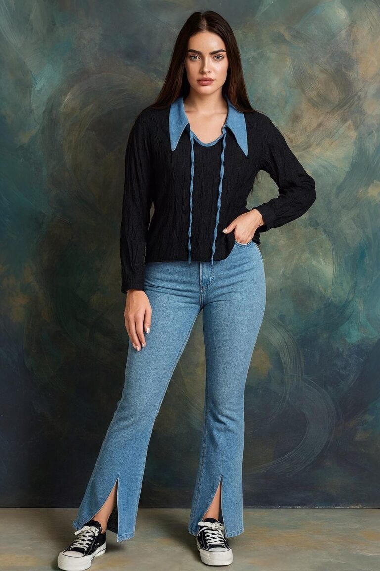 Elegant black and blue collar top styled for modern casual chic