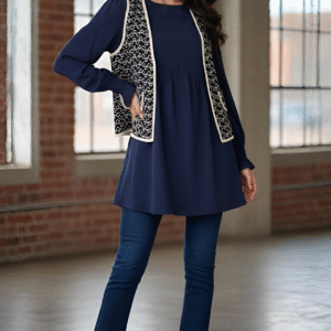 Versatile women’s navy dress top styled with trousers for office wear