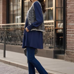 Versatile women’s navy dress top styled with trousers for office wear