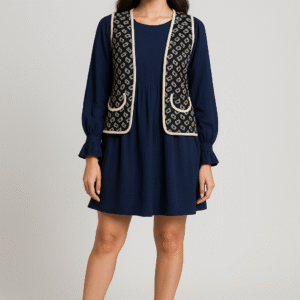 Elegant navy blue transformable dress top worn as a chic mini dress