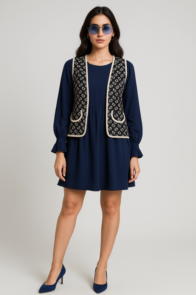 Elegant navy blue transformable dress top worn as a chic mini dress