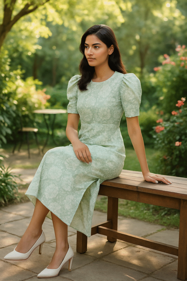 Mint Bloom Charm – Elegant Korean Midi Dress | Premium Imported Fabric