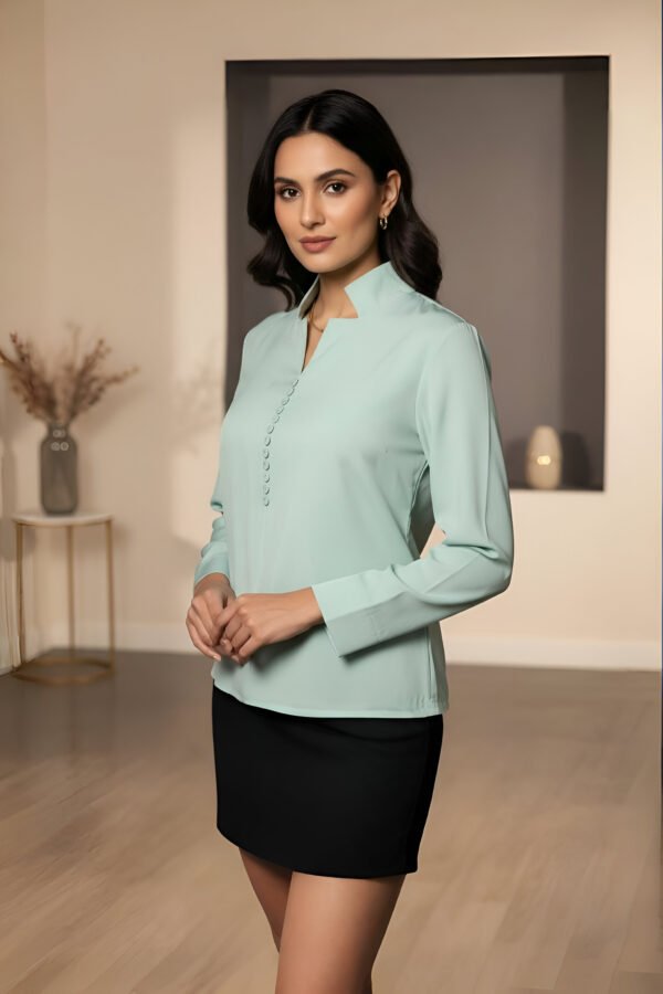 Soft mint green buttoned top for women – premium imported fabric blouse.