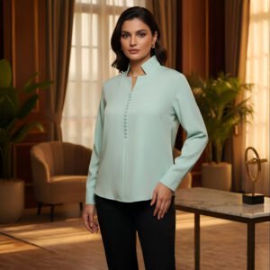 Soft mint green buttoned top for women – premium imported fabric blouse.
