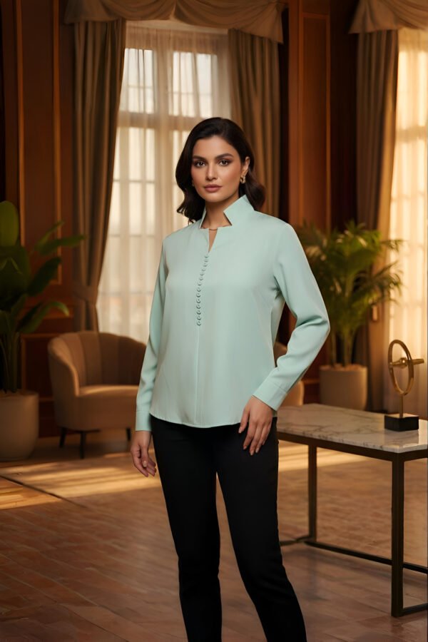 Soft mint green buttoned top for women – premium imported fabric blouse.