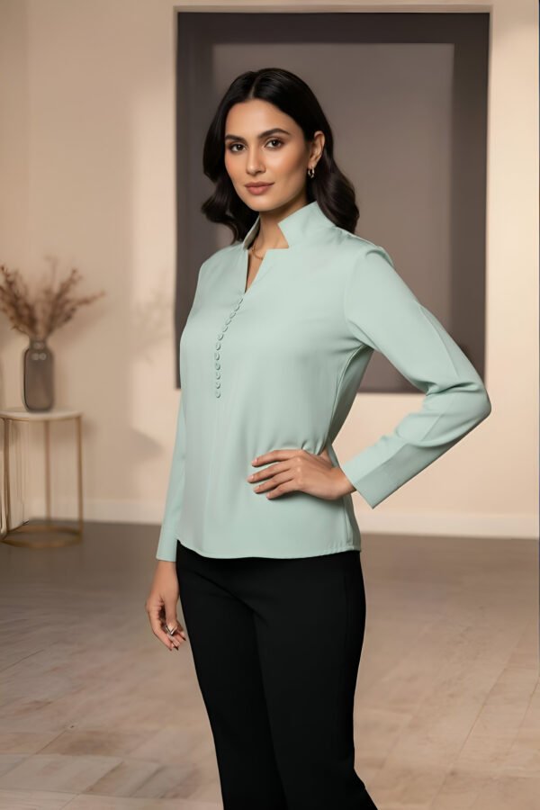 Soft mint green buttoned top for women – premium imported fabric blouse.