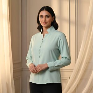 Soft mint green buttoned top for women – premium imported fabric blouse.