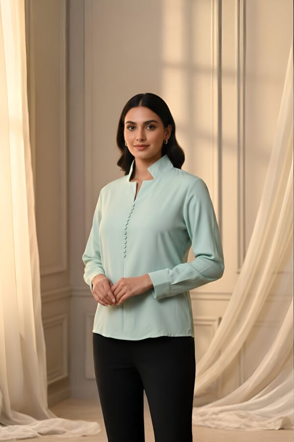 Soft mint green buttoned top for women – premium imported fabric blouse.