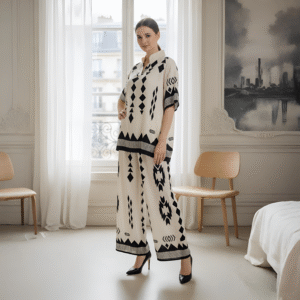 Elegant ivory and black co-ord top and wide-leg pants for modern chic look