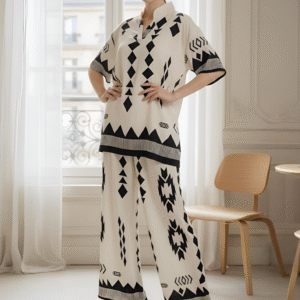 Elegant ivory and black co-ord top and wide-leg pants for modern chic look