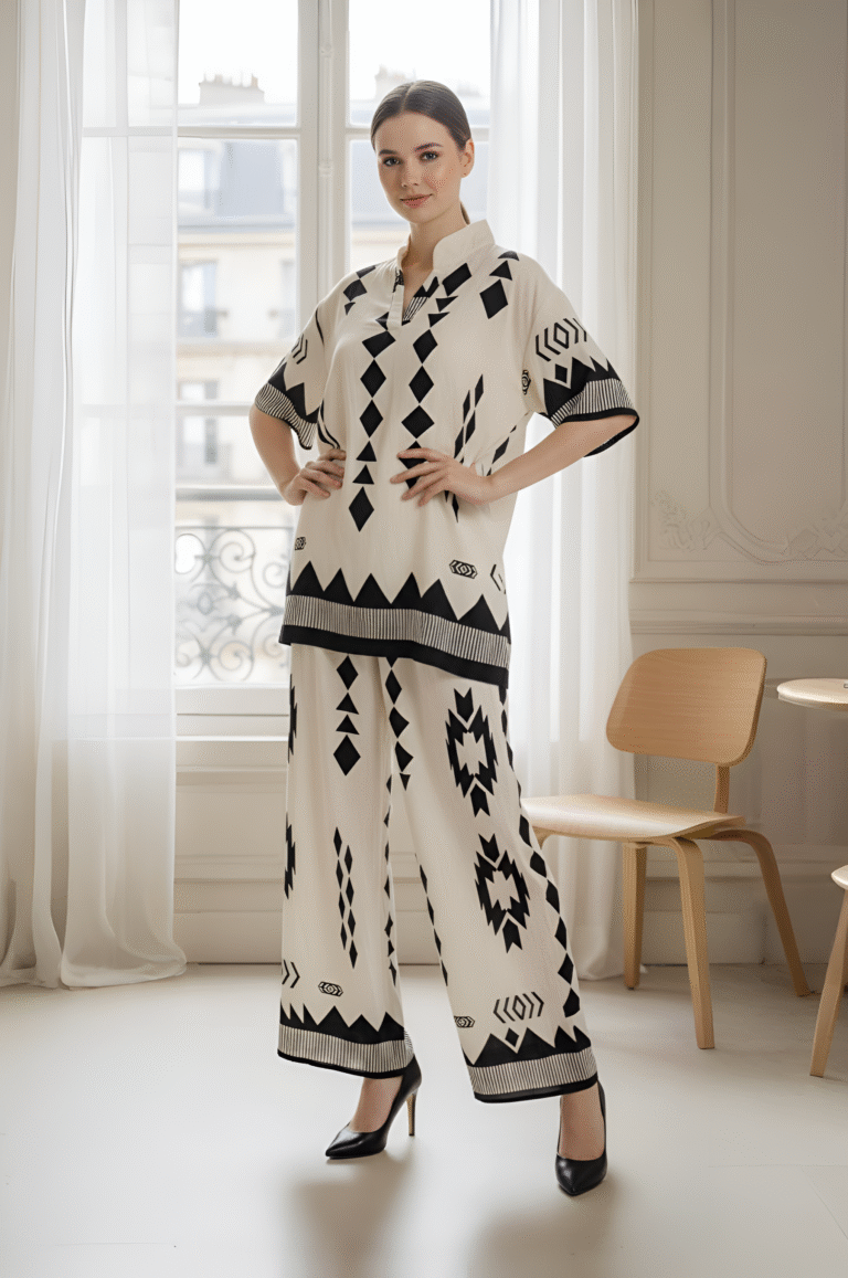 Elegant ivory and black co-ord top and wide-leg pants for modern chic look