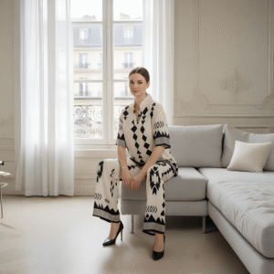 Elegant ivory and black co-ord top and wide-leg pants for modern chic look