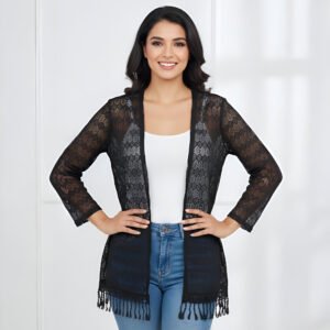 Moonlit lace shrug – sheer black tassel shrug for women’s casual and party wear