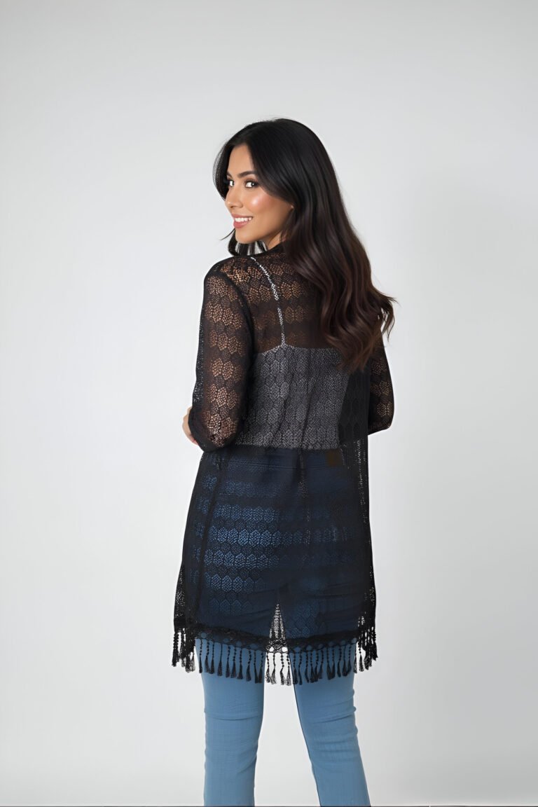 Moonlit lace shrug – sheer black tassel shrug for women’s casual and party wear