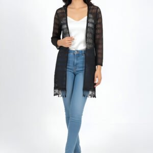 Moonlit lace shrug – sheer black tassel shrug for women’s casual and party wear