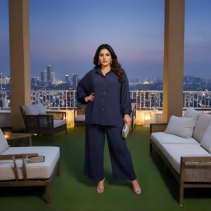 Moonlit Symphony Navy Blue Co-ord Dress. A pleated trouser set with balloon sleeve top in premium imported fabric