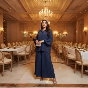 Moonlit Symphony Navy Blue Co-ord Dress. A pleated trouser set with balloon sleeve top in premium imported fabric